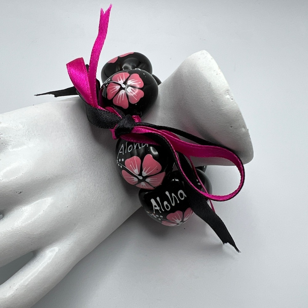 Hawaiian Necklace Bracelet Black Pink Hibiscus‎ Flower Handmade